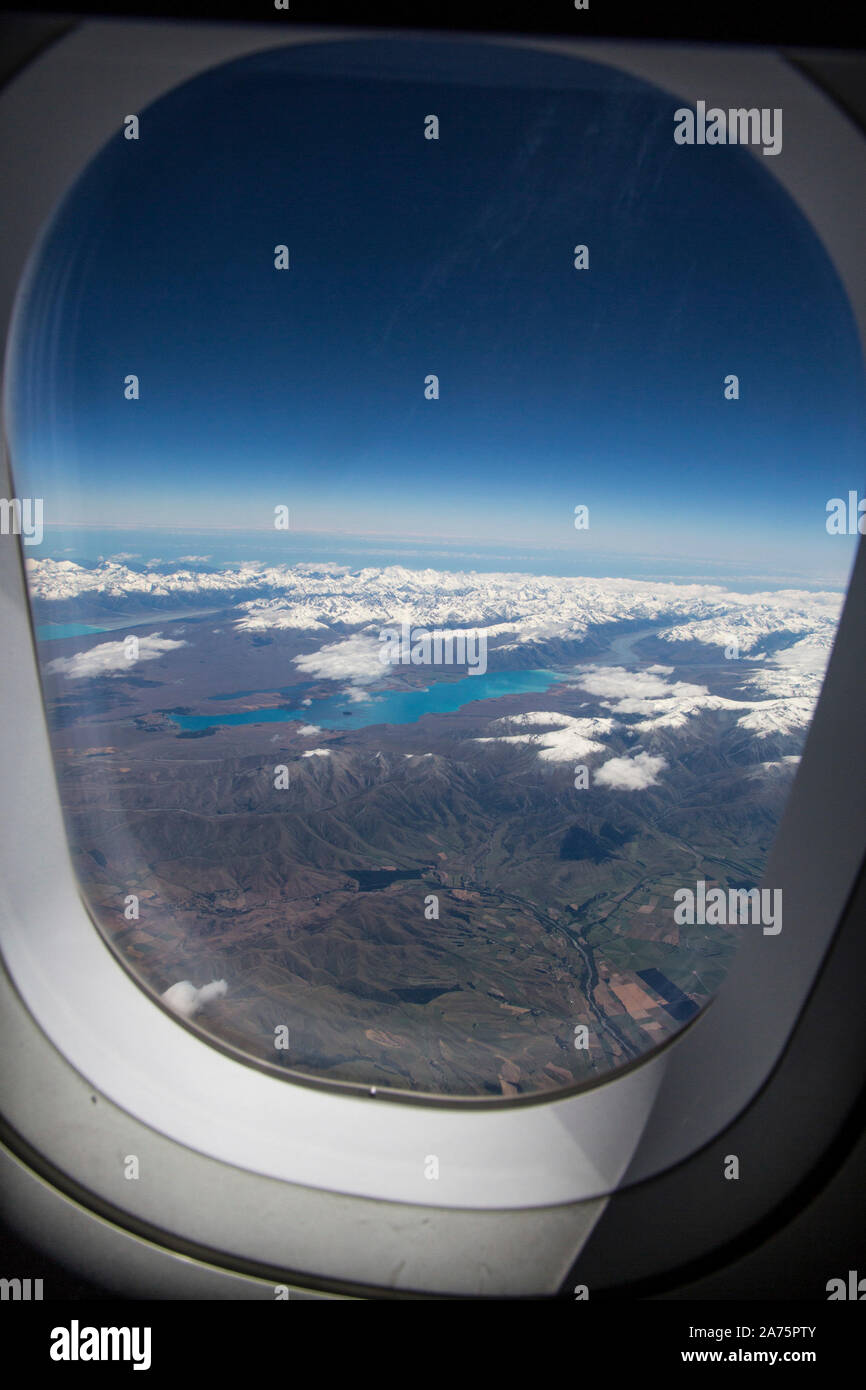 FLIGHT OVER BETWEN WELLINGTON AND QUEENSTOWN ,FLIGHT OVER SOUTHERN ALPS,NEW ZEALAND Stock Photo