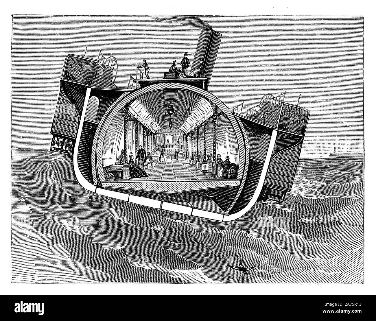 Steamer transatlantic cross section with hydrodynamic roll stabilizers 19th century Stock Photo