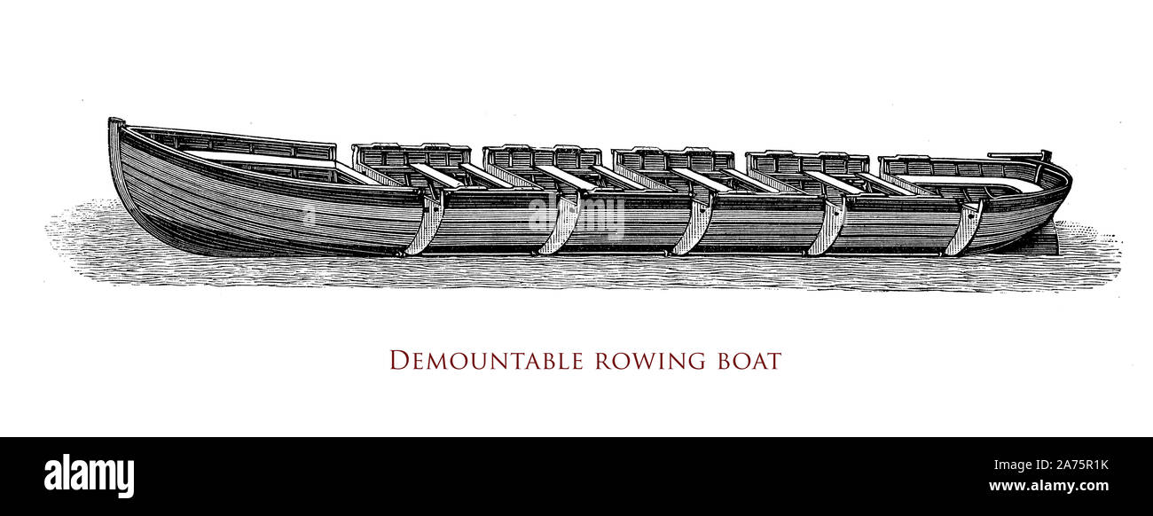 Design of a demountable wooden rowing boat with thwarts placed crosswise to give strength to the structure used also as seat for  rowers Stock Photo