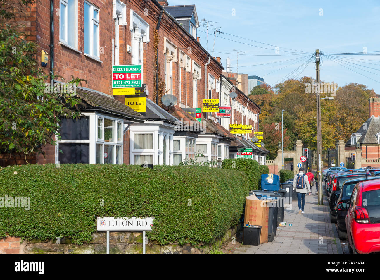Row of terraced student houses in Selly Oak, Birmingham with to rent