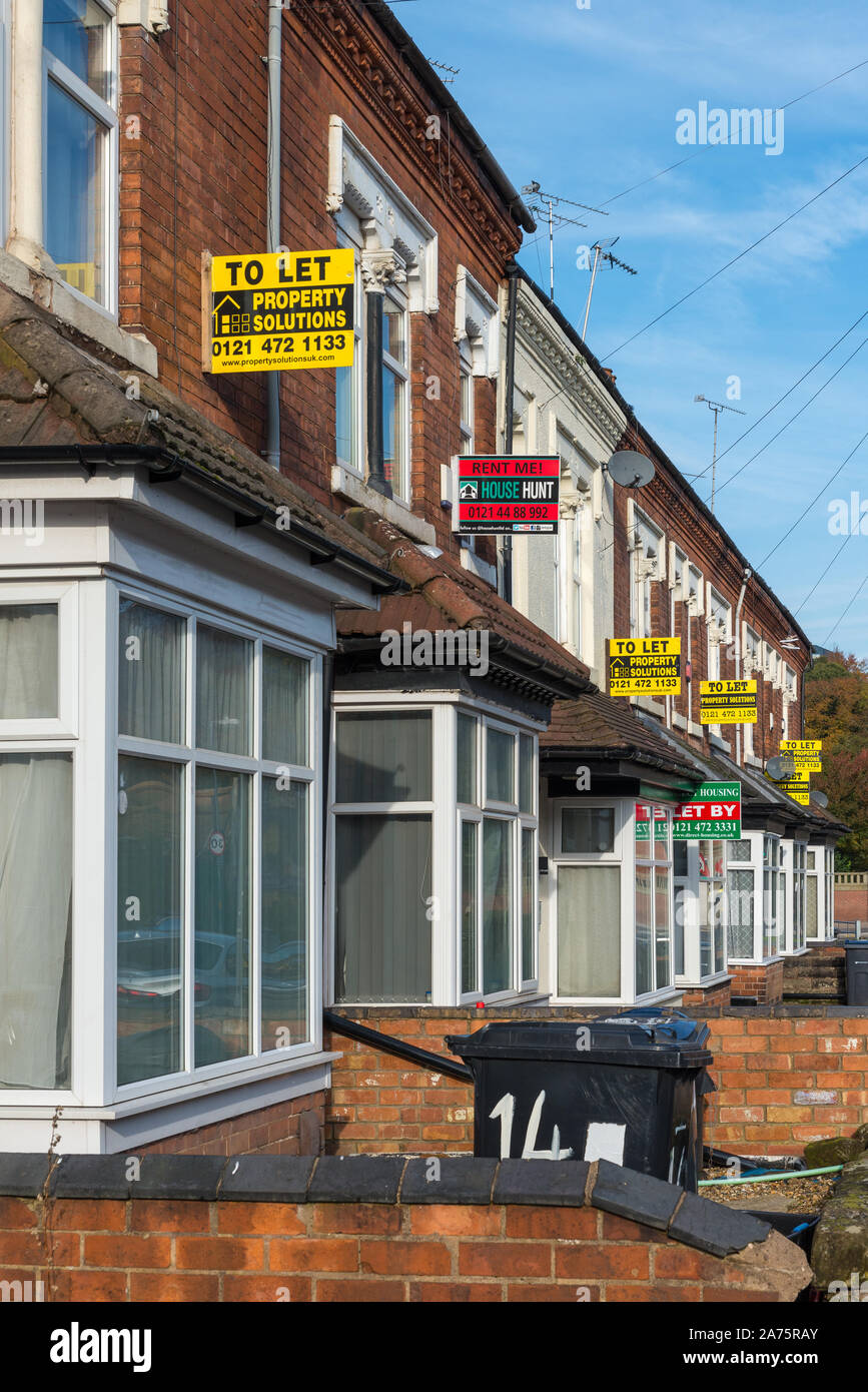 Row of terraced student houses in Selly Oak, Birmingham with to rent