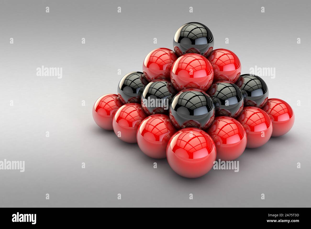 3D illustration, a pyramid of red and black balls on a blank background ...
