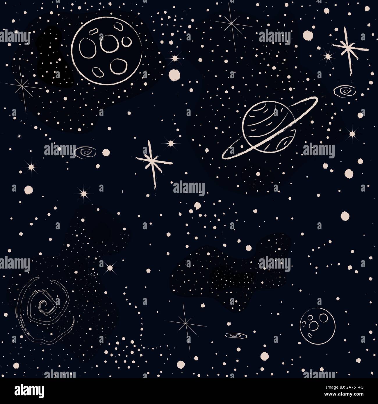Seamless Cosmic Pattern with stars, planets, rocket, spiral galaxies ...