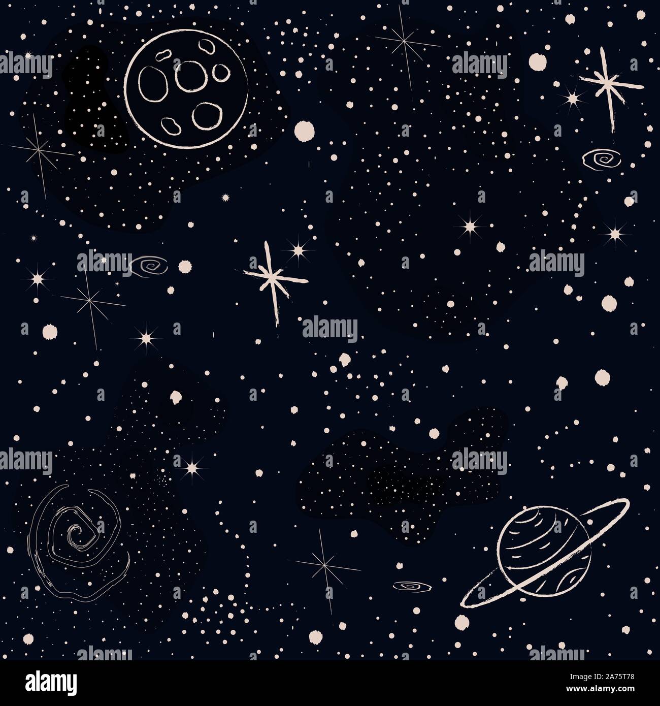 Seamless Cosmic Pattern with stars, planets,  rocket, spiral galaxies and constellations. Hand Drawn with Brush. Vector Illustration Stock Vector