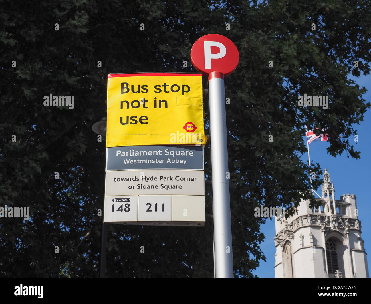 Square Bus Stop LONDON, UK - CIRCA SEPTEMBER 2019: Parliament Square Bus stop not in ...