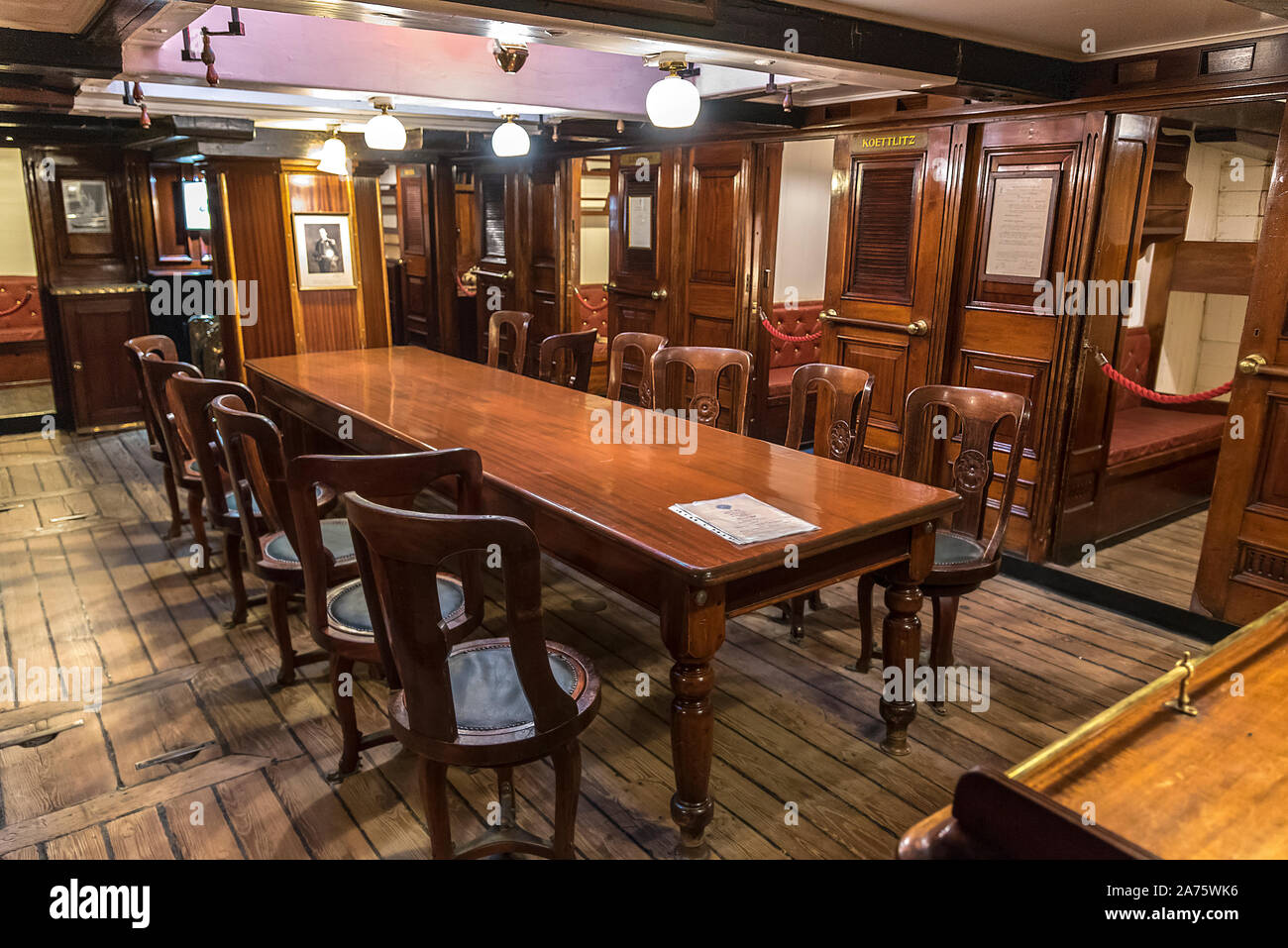 Aboard the Antarctica exploration ship the Discovery in Dundee. The Wardroom. Stock Photo