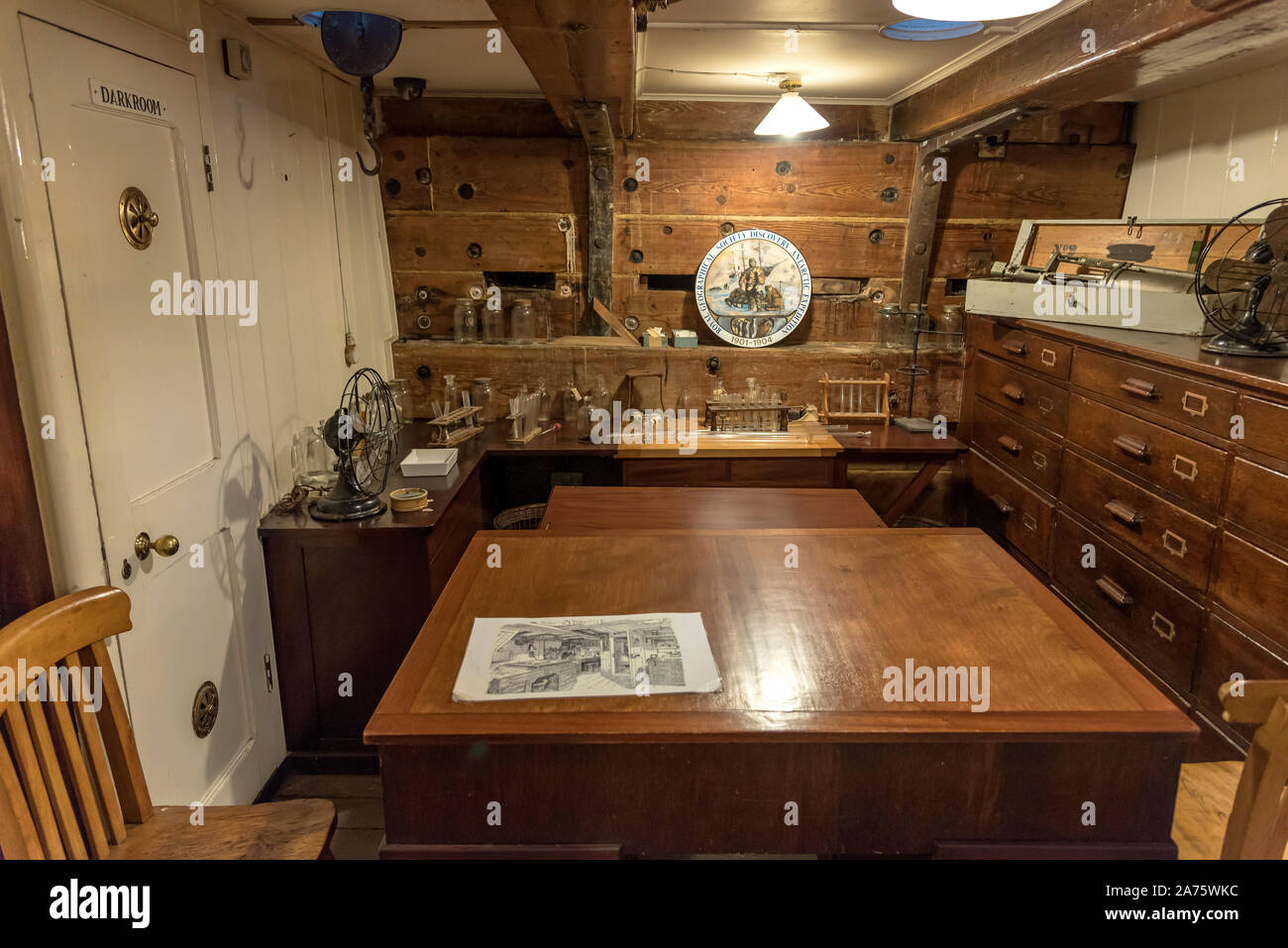 Aboard the Antarctica exploration ship the Discovery in Dundee. Photographer Frank Hurley's workroom and darkroom. Stock Photo