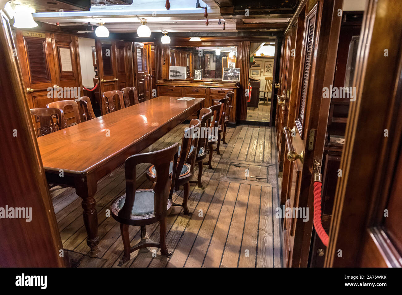 Aboard the Antarctica exploration ship the Discovery in Dundee. The Wardroom. Stock Photo