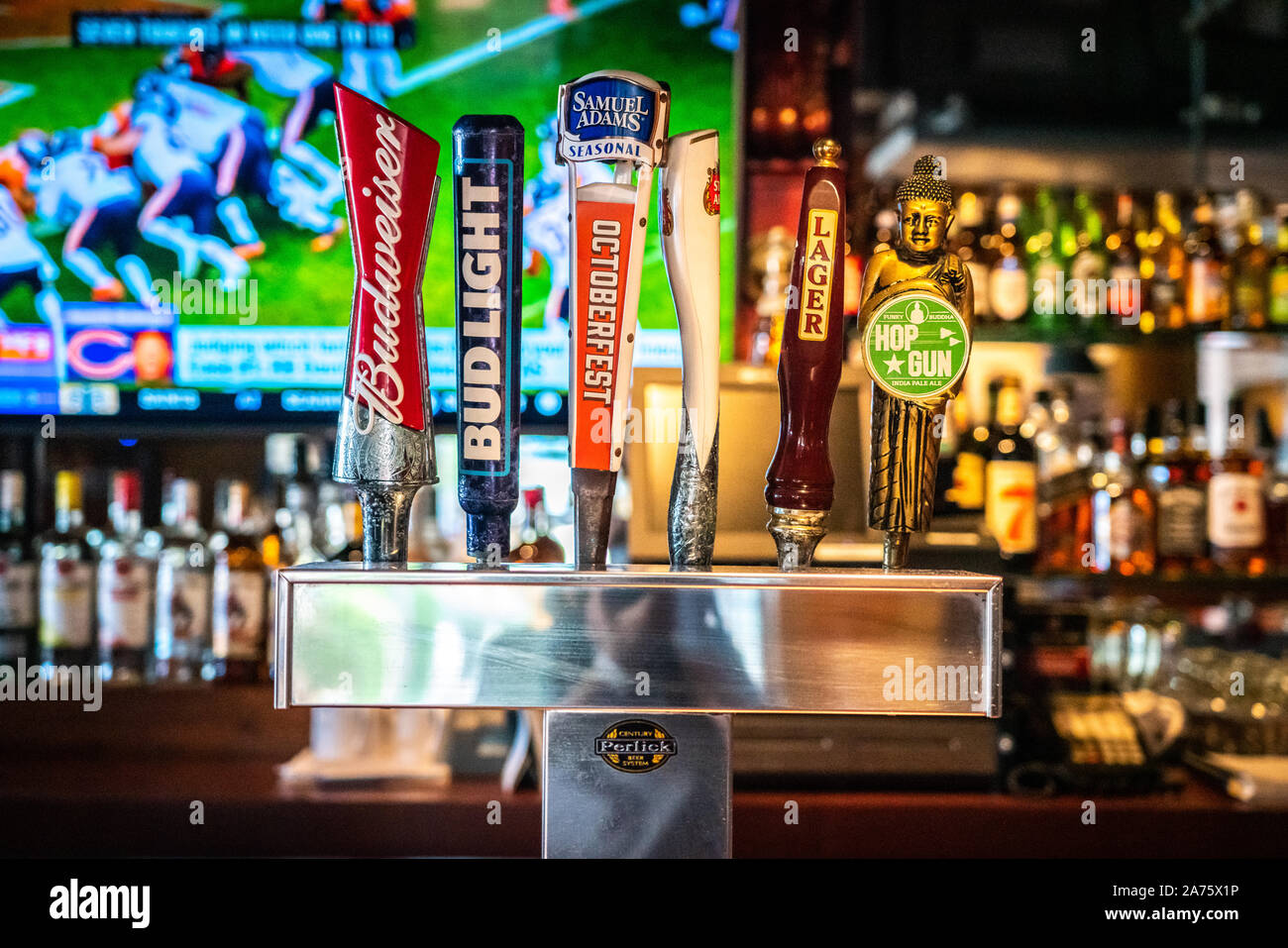 Fort Lauderdale, Florida, USA Sepember 19, 2019 Row of beer taps in