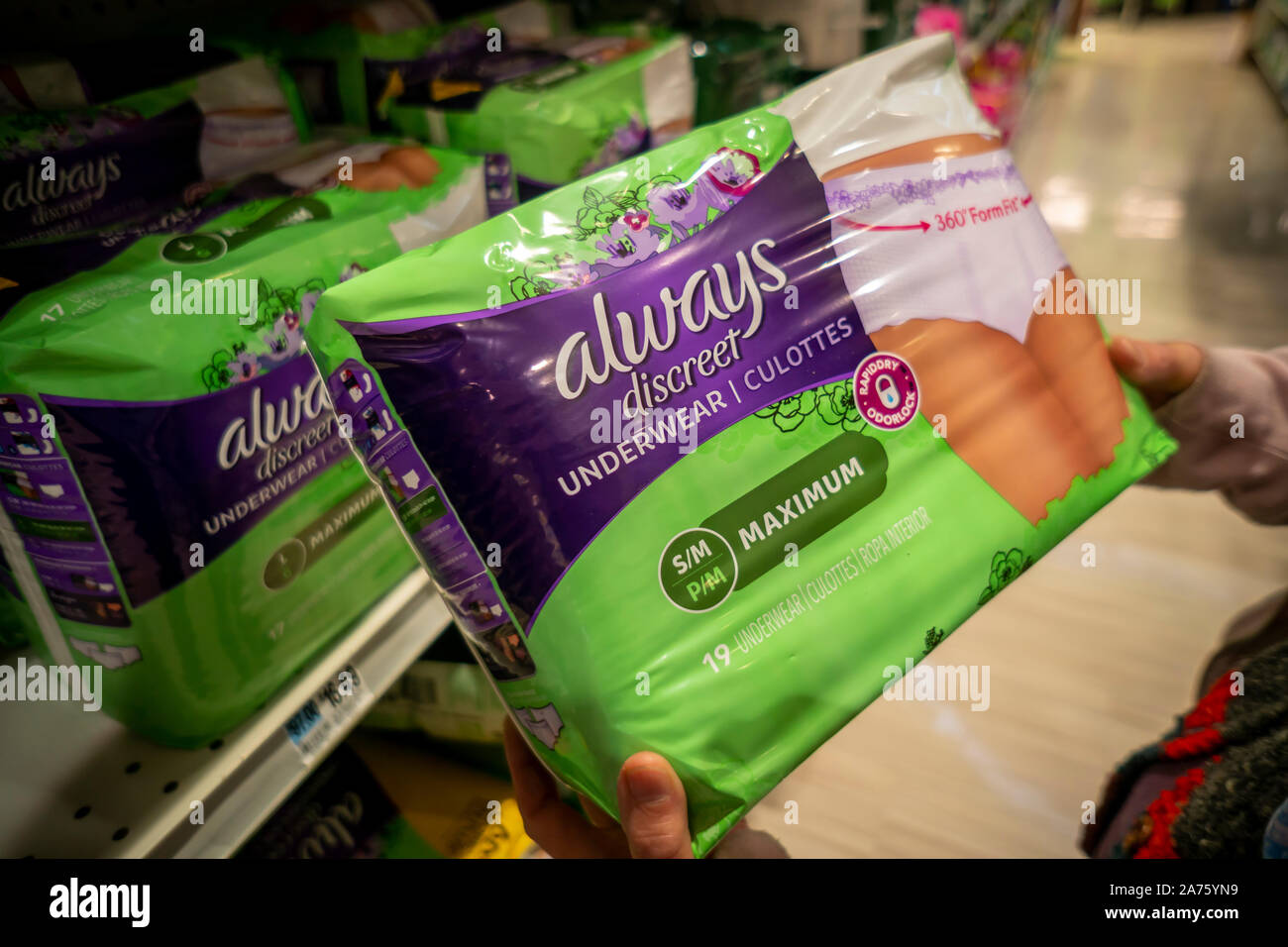 Procter & Gamble’s Always brand incontinence supplies on the shelves of a drug store in New York on Tuesday, October 22, 2019. The market for pads, adult diapers and other absorbent supplies is reported to have jumped 9% since last year as Americans age.  (© Richard B. Levine) Stock Photo