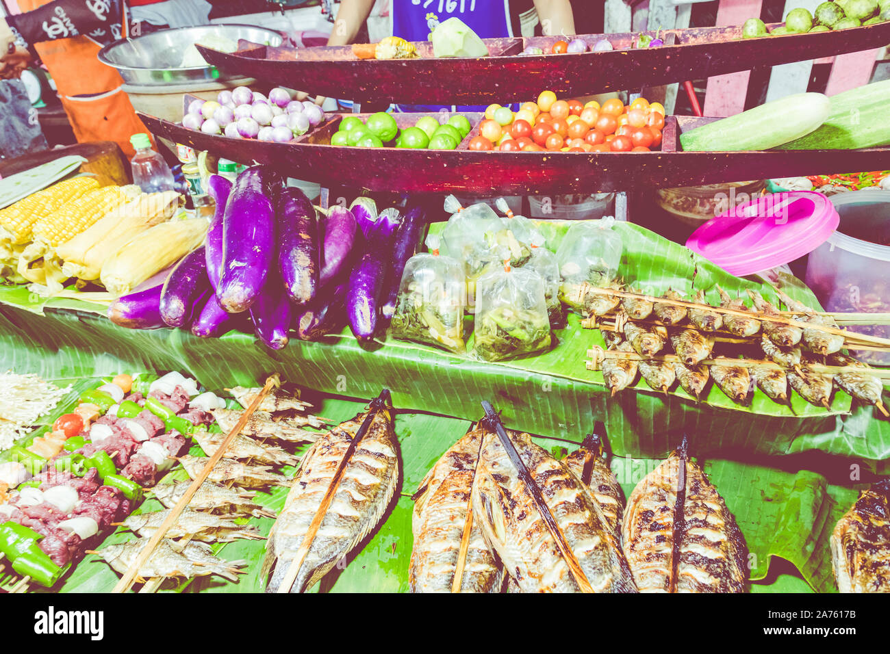 Food bazaar. Traditional buffet at local street food at Night Market at