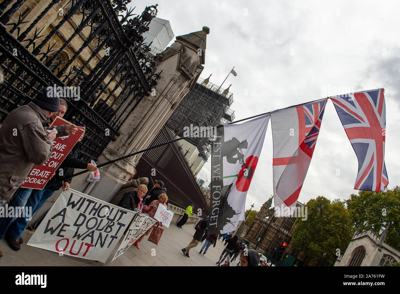 Westminster, London, UK. 29th October, 2019. Brexit flags flutter in the wind  outside the House of Commons on the day a General Election is called. Credit: Maureen McLean/Alamy Stock Photo