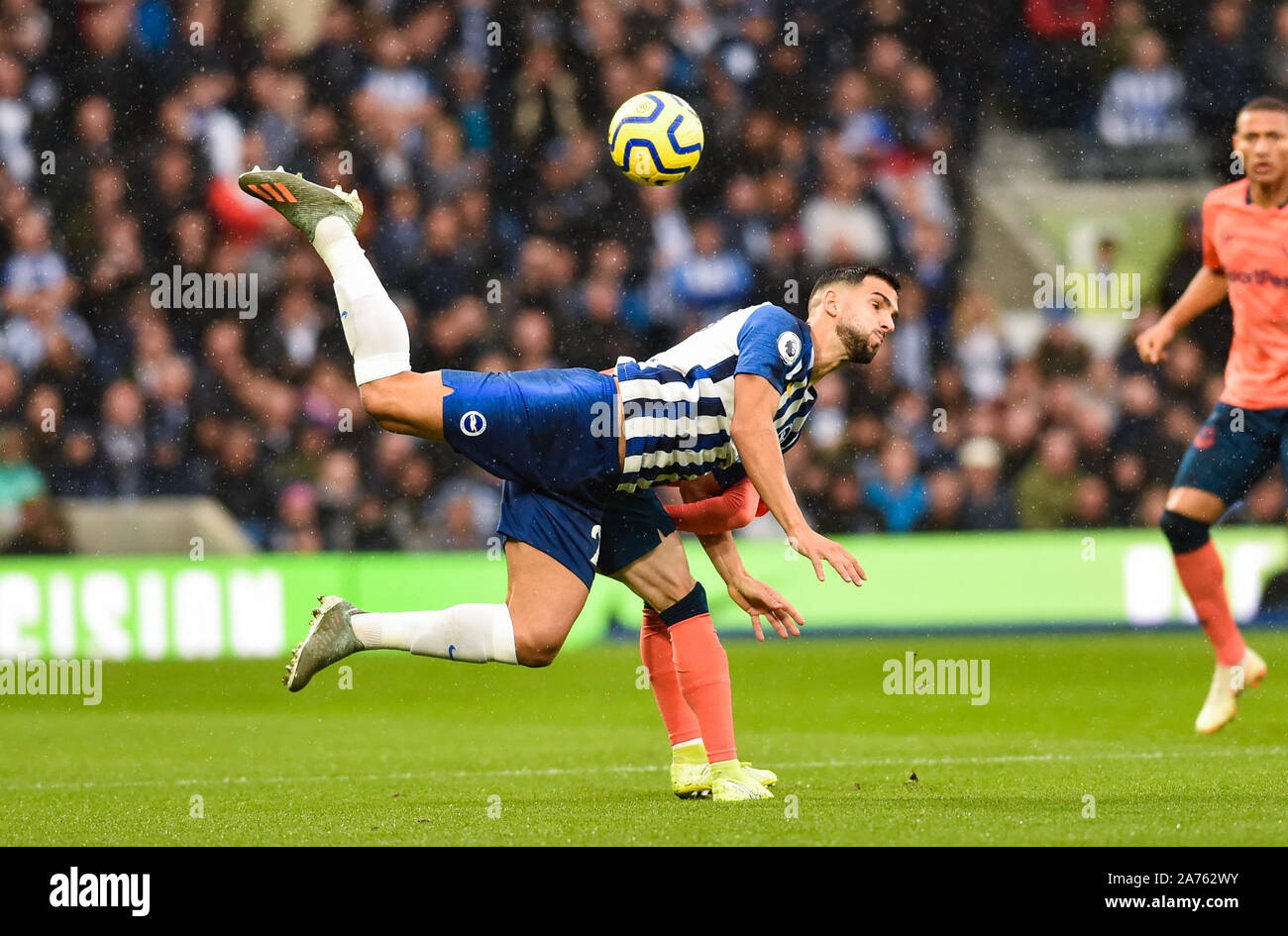 Martin Montoya of Brighton wins the ball during the Premier League match between  Brighton and Hove Albion and Everton at the Amex Stadium - 26 October 2019  Editorial use only. No merchandising. For Football images FA and Premier League restrictions apply inc. no internet/mobile usage without FAPL license - for details contact Football Dataco Stock Photo
