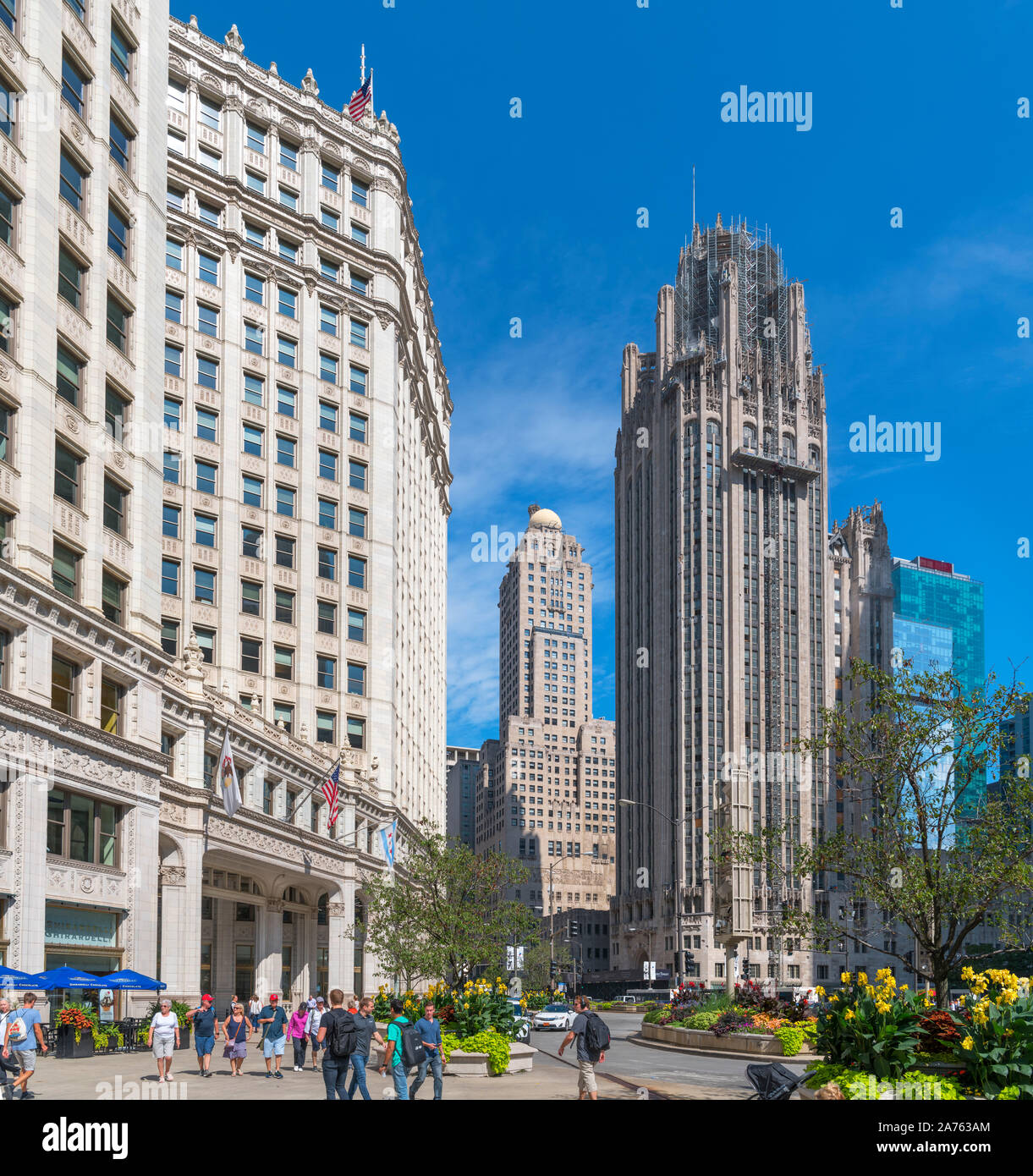 The start of the Magnificent Mile outside the Wrigley Building and looking towards the Tribune Tower, N Michigan Avenue, Chicago, Illinois, USA Stock Photo