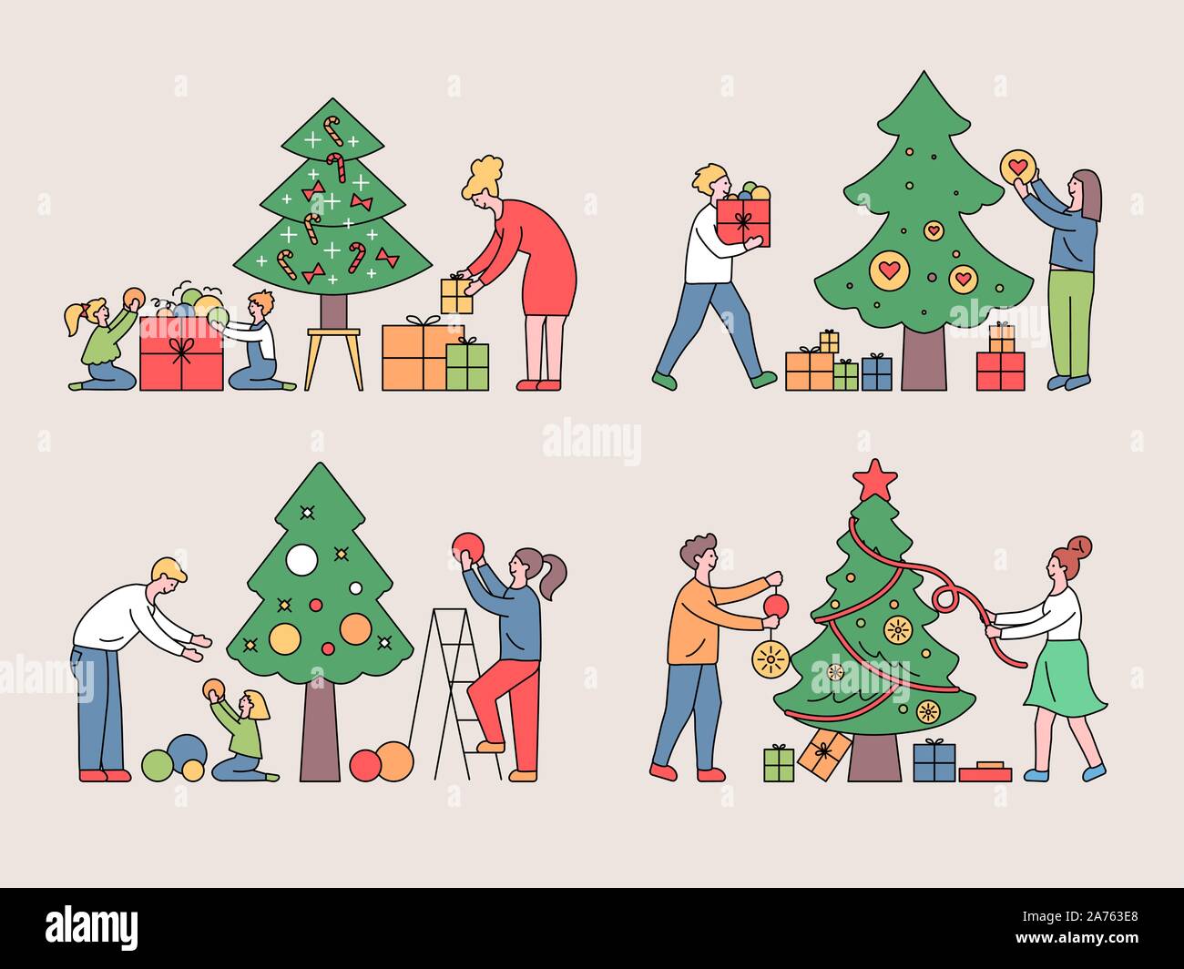Set of vector illustration in Christmas style with boy and girl preparing to celebrate the new year. Couple dresses up Christmas tree, gives gifts, wa Stock Vector