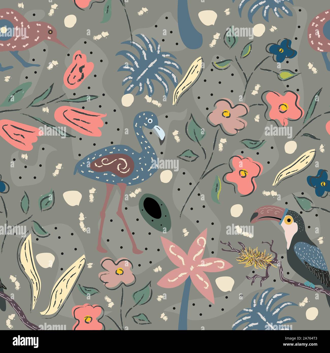 Flamingo, Toucan and kiwi bird. Exotic Bird Seamless Pattern. Vector ...