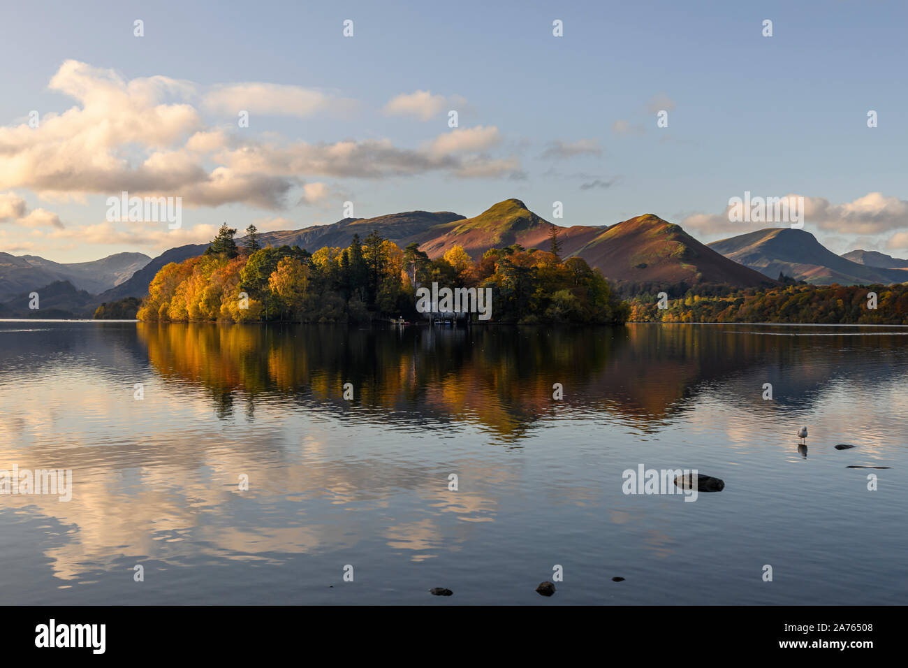 Early morning autumnal sun catching Derwent Isle and Cat Bells Stock Photo