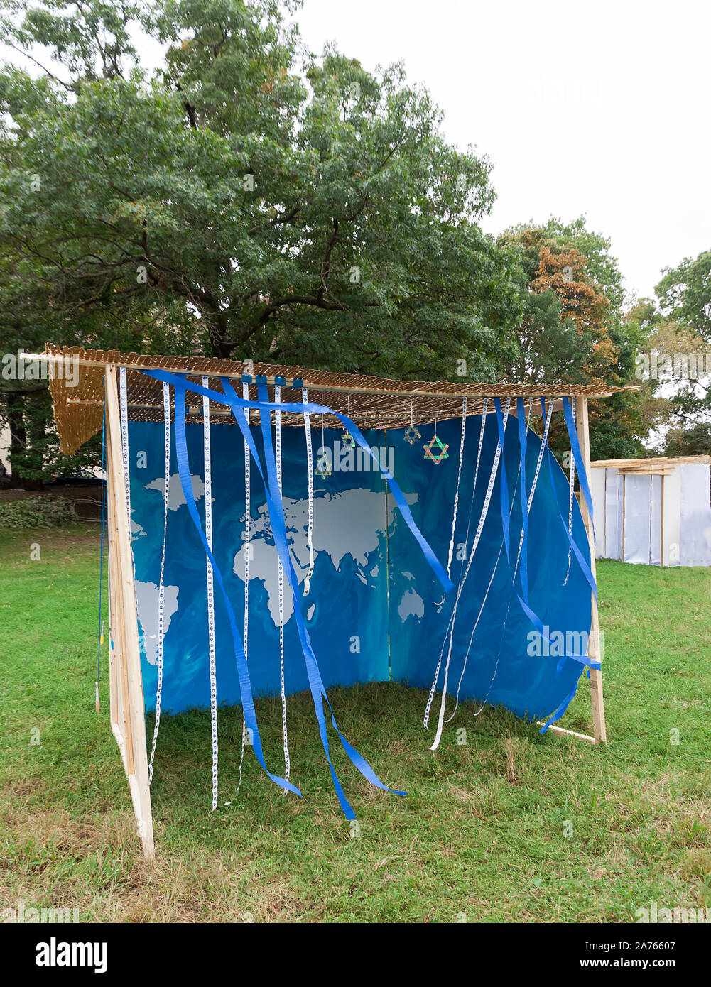 Sukkah, or Succah, temporary hut, on display for the Jewish holiday of Sukkoth. Stock Photo