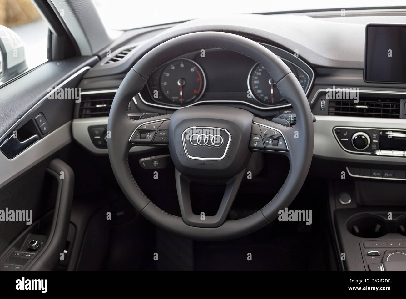 Russia, Izhevsk - September 11, 2019: Audi showroom. Interior of new modern  Audi A4. Modern and prestigious vehicles Stock Photo - Alamy