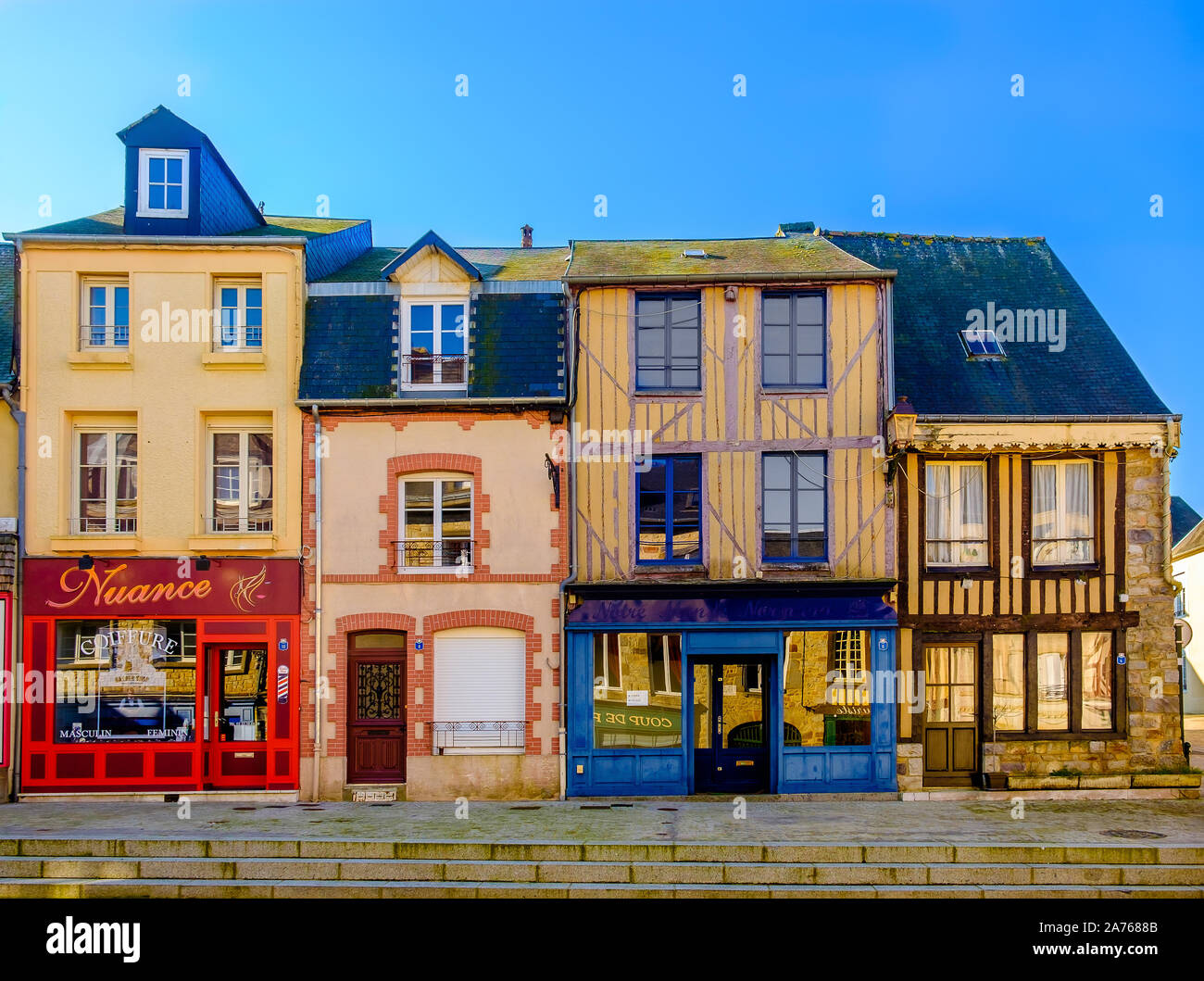 Domfront, France, Feb 2019, SaintJulien Square with its shops and half