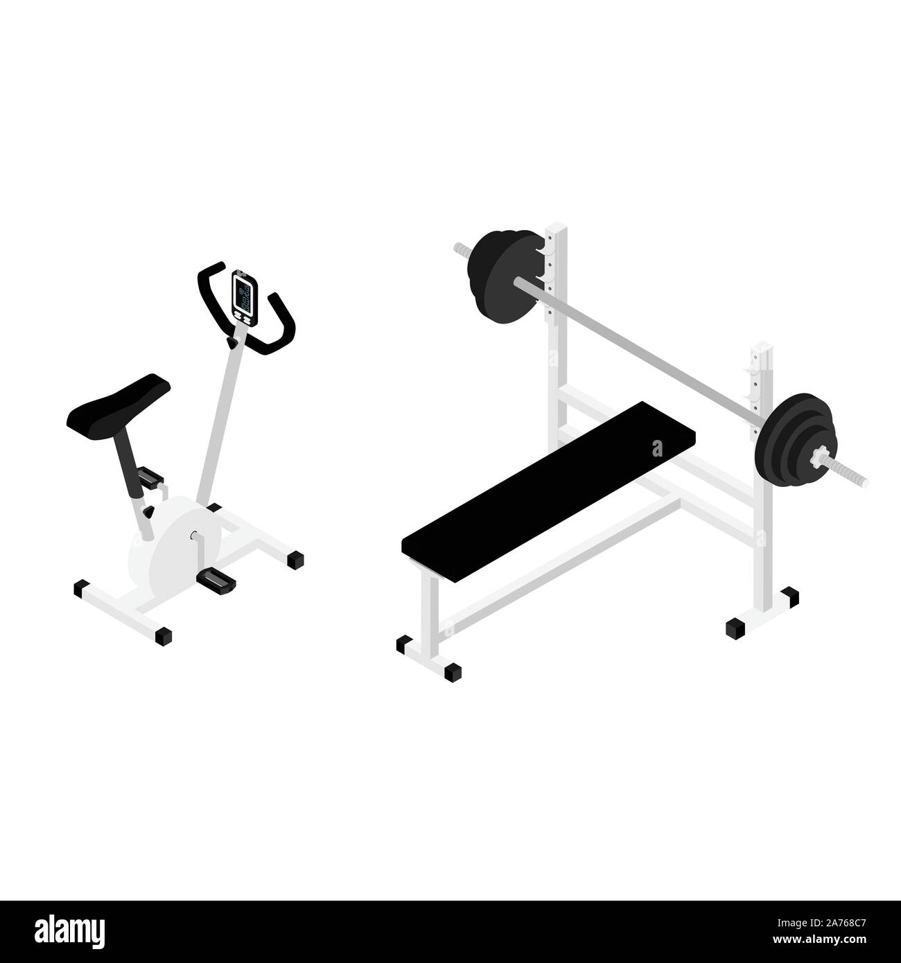 Gym bench with barbell and gym bike isolated on white background isometric view. Fitness home
