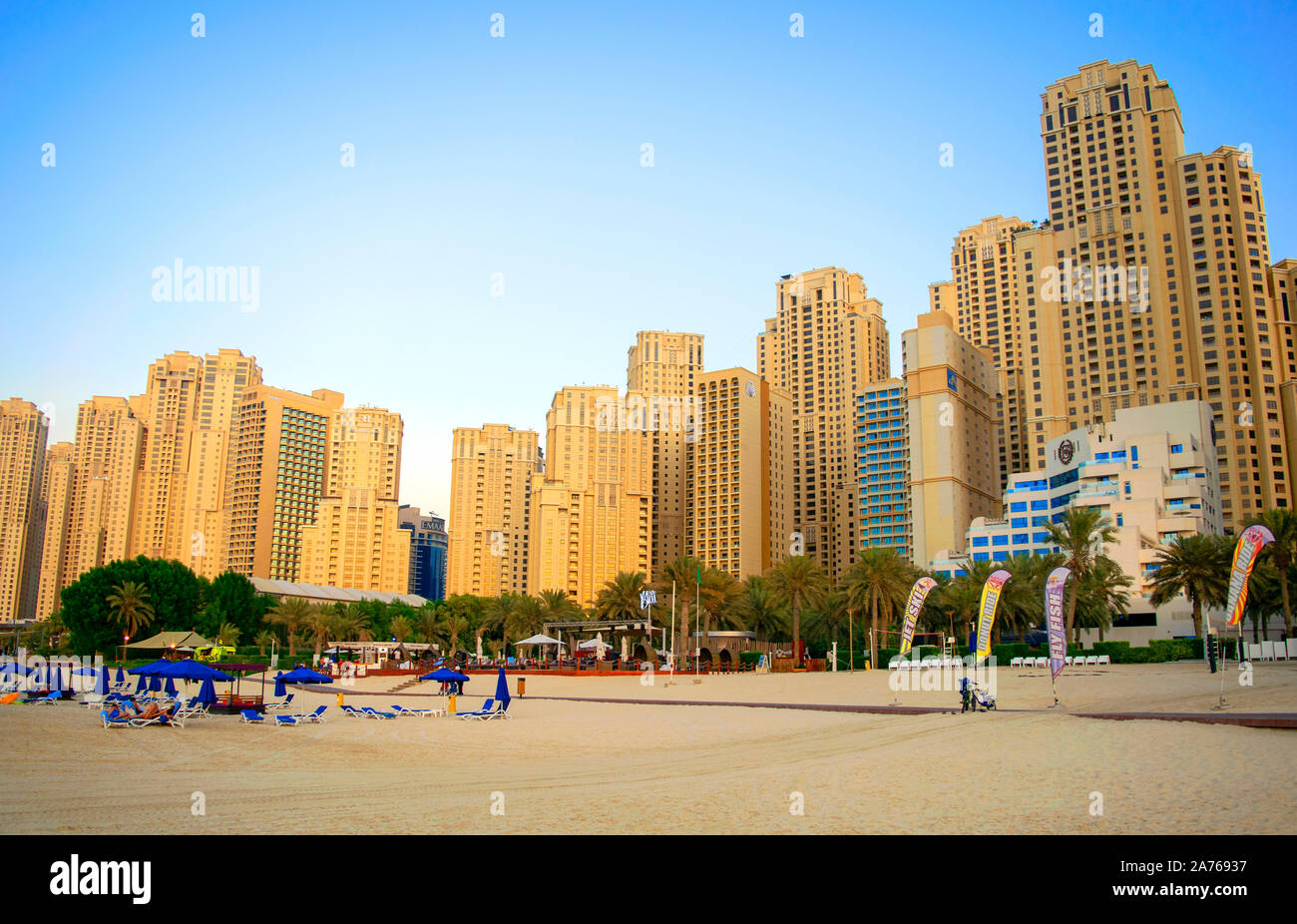 Dubai / UAE - October 17, 2019: JBR. Panoramic view of Jumeirah Beach Residence skyscrapers. Urban beach. Stock Photo