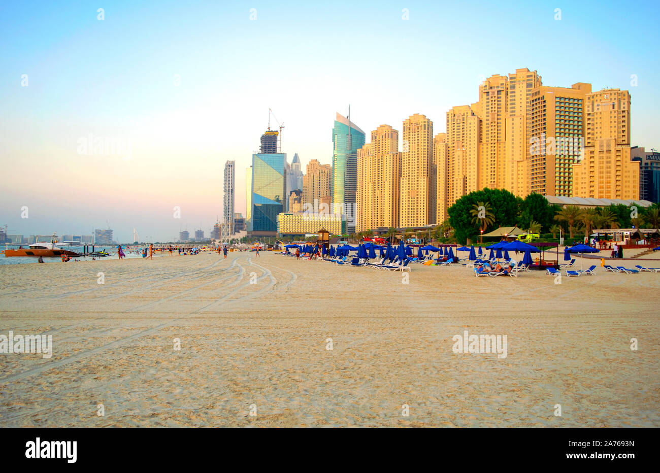 Dubai/UAE - October 17, 2019: Panoramic view on JBR beach. Jumeirah Beach Residence view. New luxury district in Dubai Stock Photo
