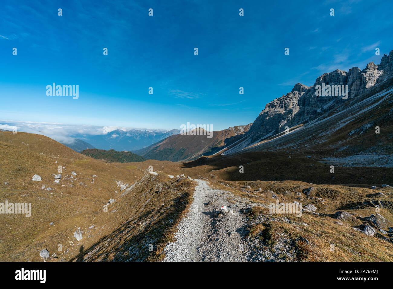 Overlooking the Senders valley to the Innsbruck mountains Inntalkette from Kemater Alm Stock Photo