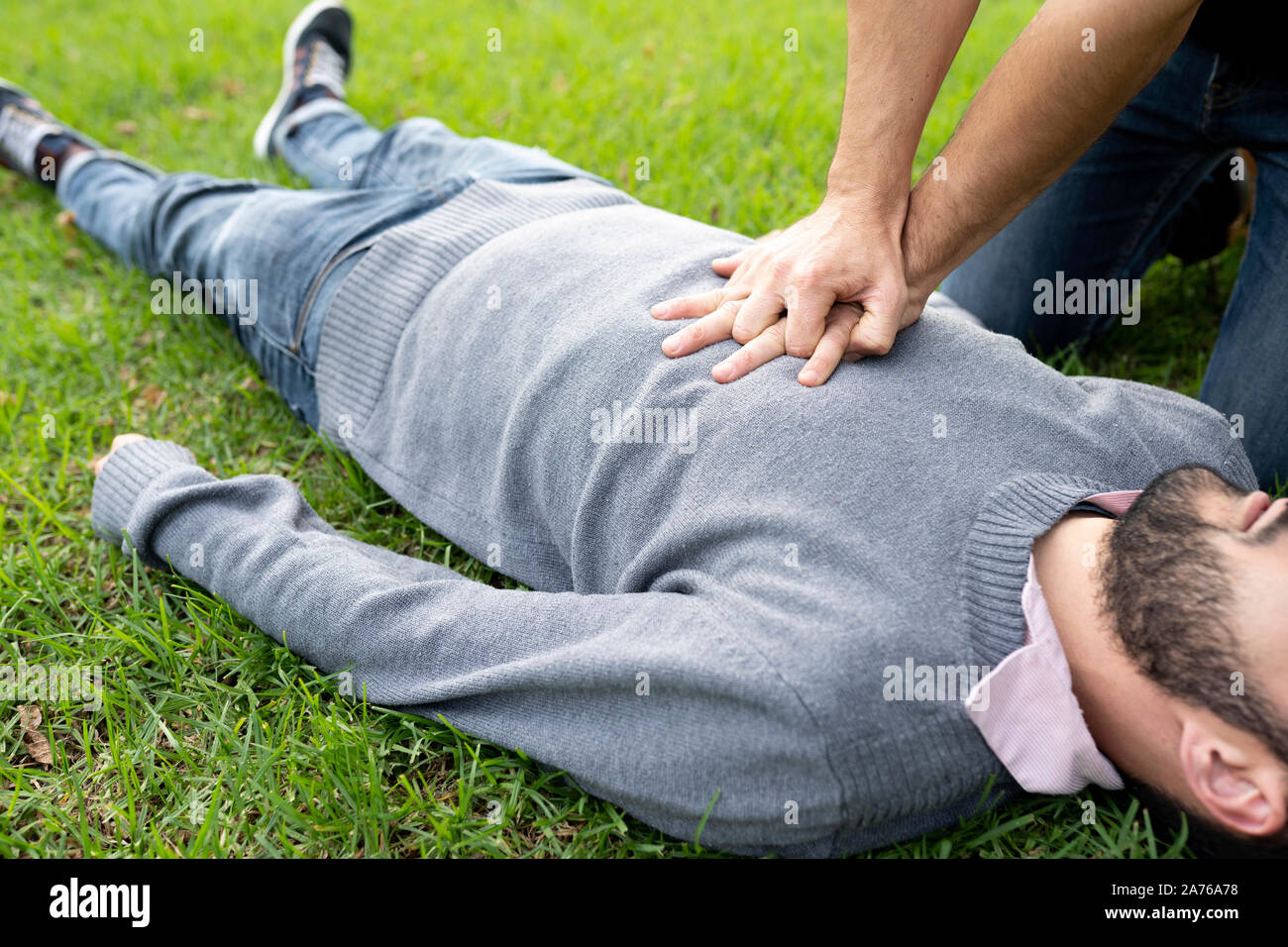 First Aid Emergency CPR rcp on Heart Attack Man , Resuscitation cardio Stock Photo