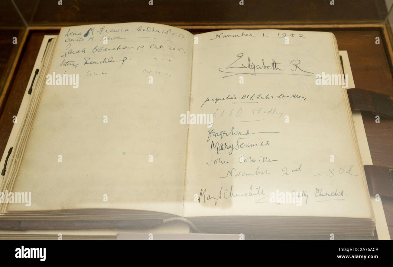 The Prince of Wales as President of The National Trust on a visit to  Chartwell House, former country  home of Sir Winston Churchill, which has undergone  restoration. Signature of the Prince Charles’s Grandmother in the visitor’s book. Stock Photo