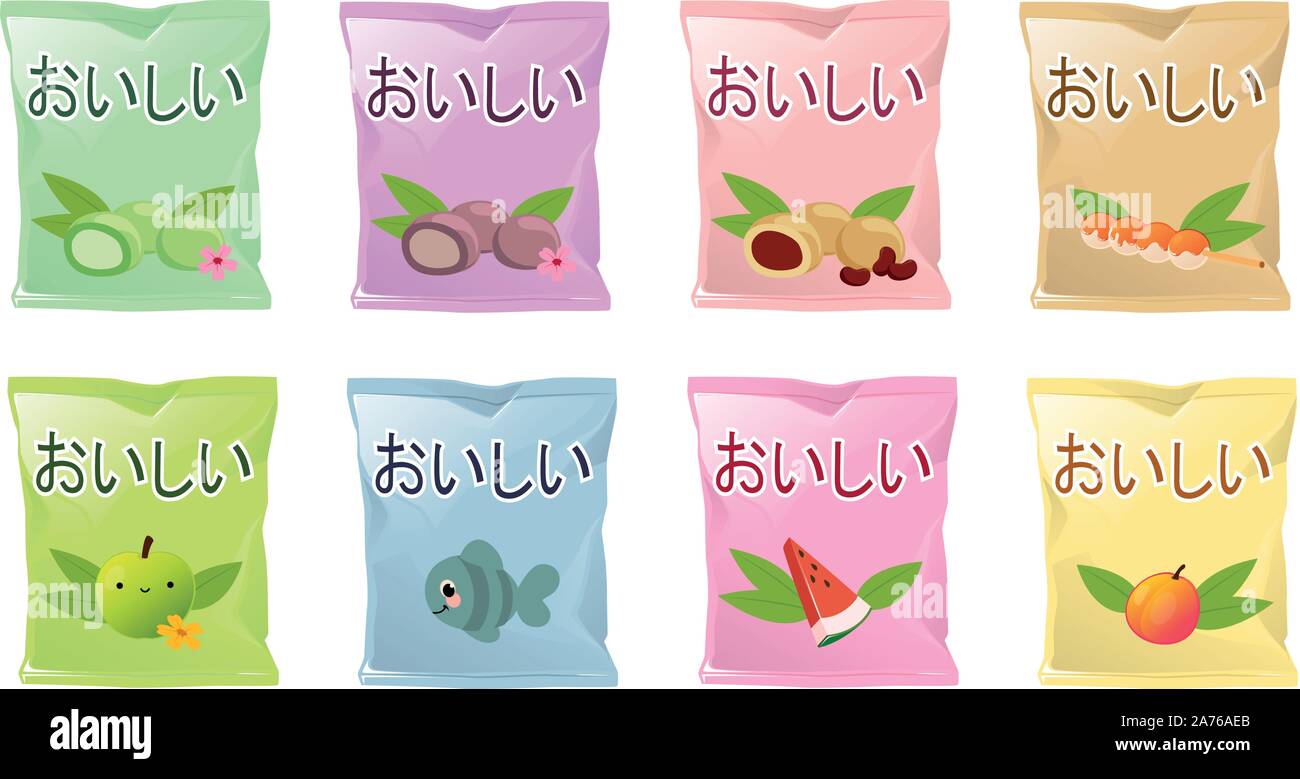 Vector illustrations of various Japanese candies and mochi in bags Stock Vector