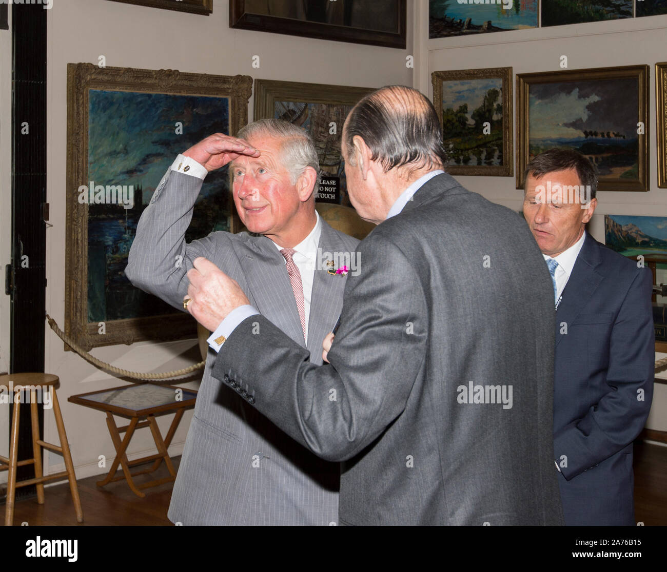 The Prince of Wales as President of The National Trust on a visit to  Chartwell House, former country  home of Sir Winston Churchill, which has undergone restoration. Pictured inside Sir Winston Churchill’s art studio with Sir Nicholas Soames. Stock Photo