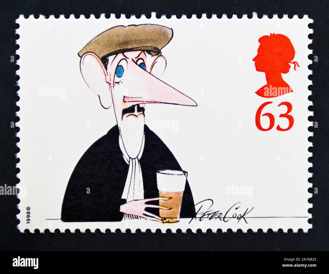 Postage stamp. Great Britain. Queen Elizabeth II. Comedians. Peter Cook. 63p. Stock Photo