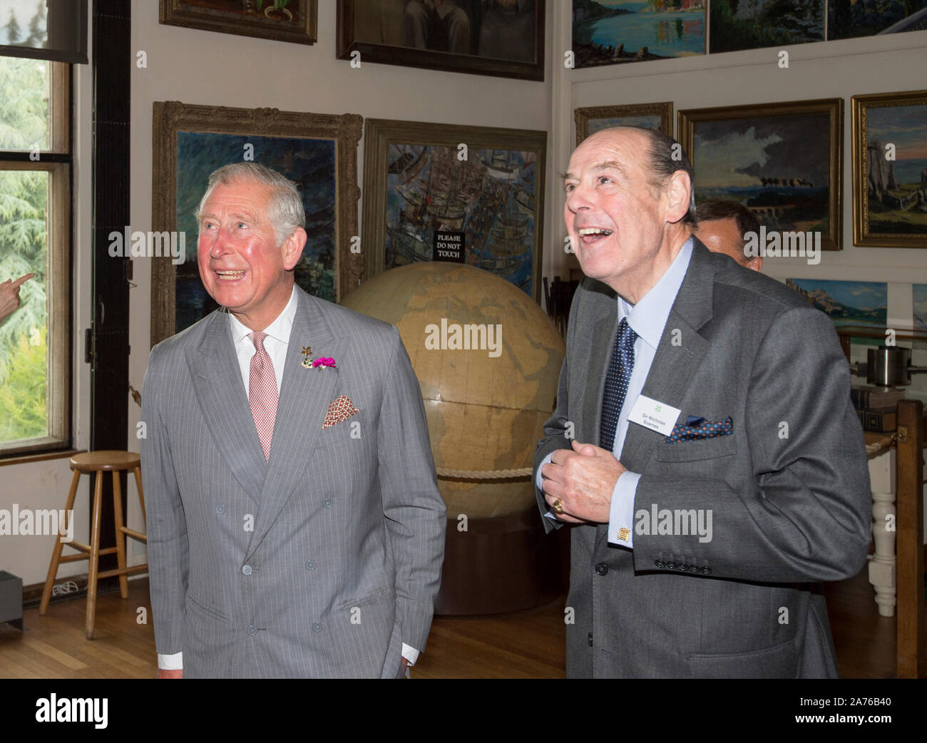 The Prince of Wales as President of The National Trust on a visit to  Chartwell House, former country  home of Sir Winston Churchill, which has undergone restoration. Pictured inside Sir Winston Churchill’s art studio with Sir Nicholas Soames. Stock Photo