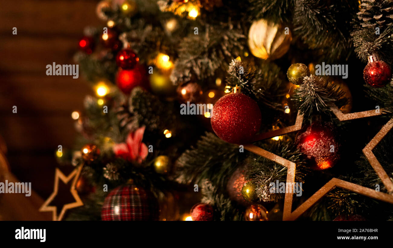 Happy Holiday. A beautiful wooden living room decorated for Christmas. Stock Photo