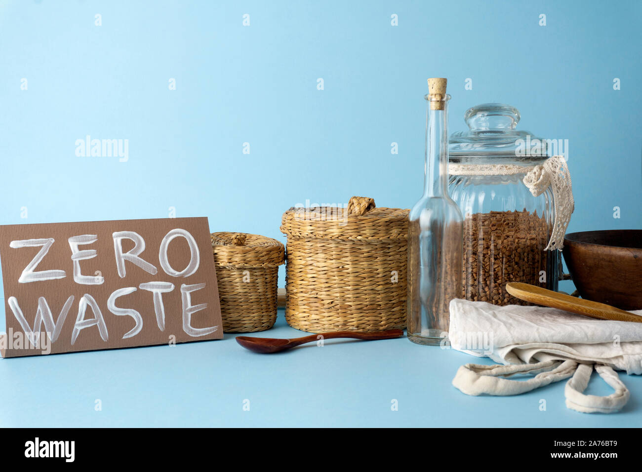 Zero waste concept. Reusable household items (cans, plates, bags). Environmental movement to reduce plastic waste. Stock Photo