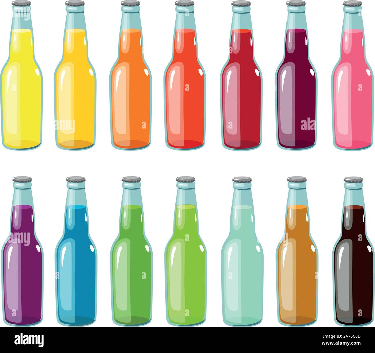 Vector illustration of various soda glass bottles with different colors