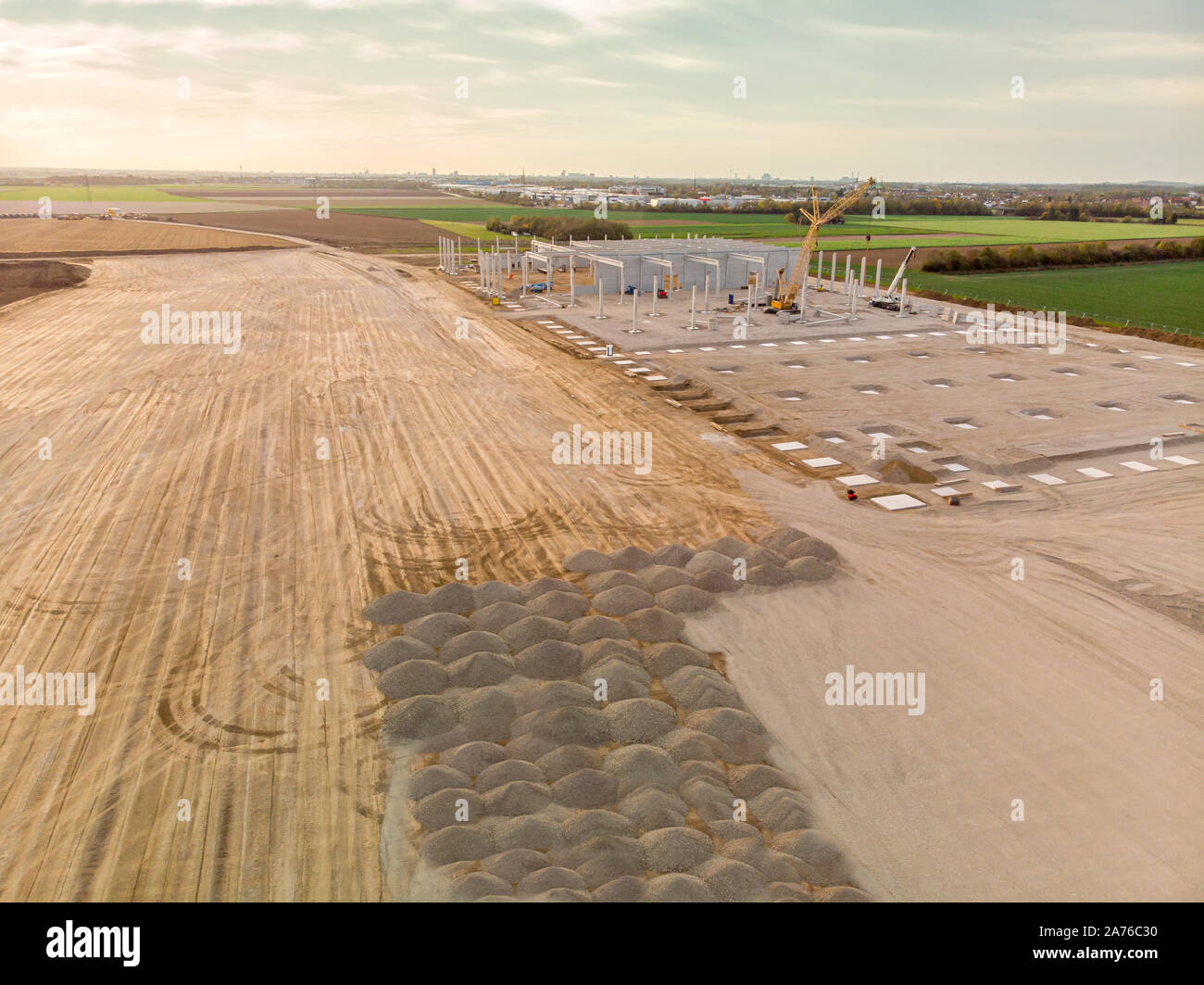 Aerial view - Construction site of a new industrial area in the country Stock Photo