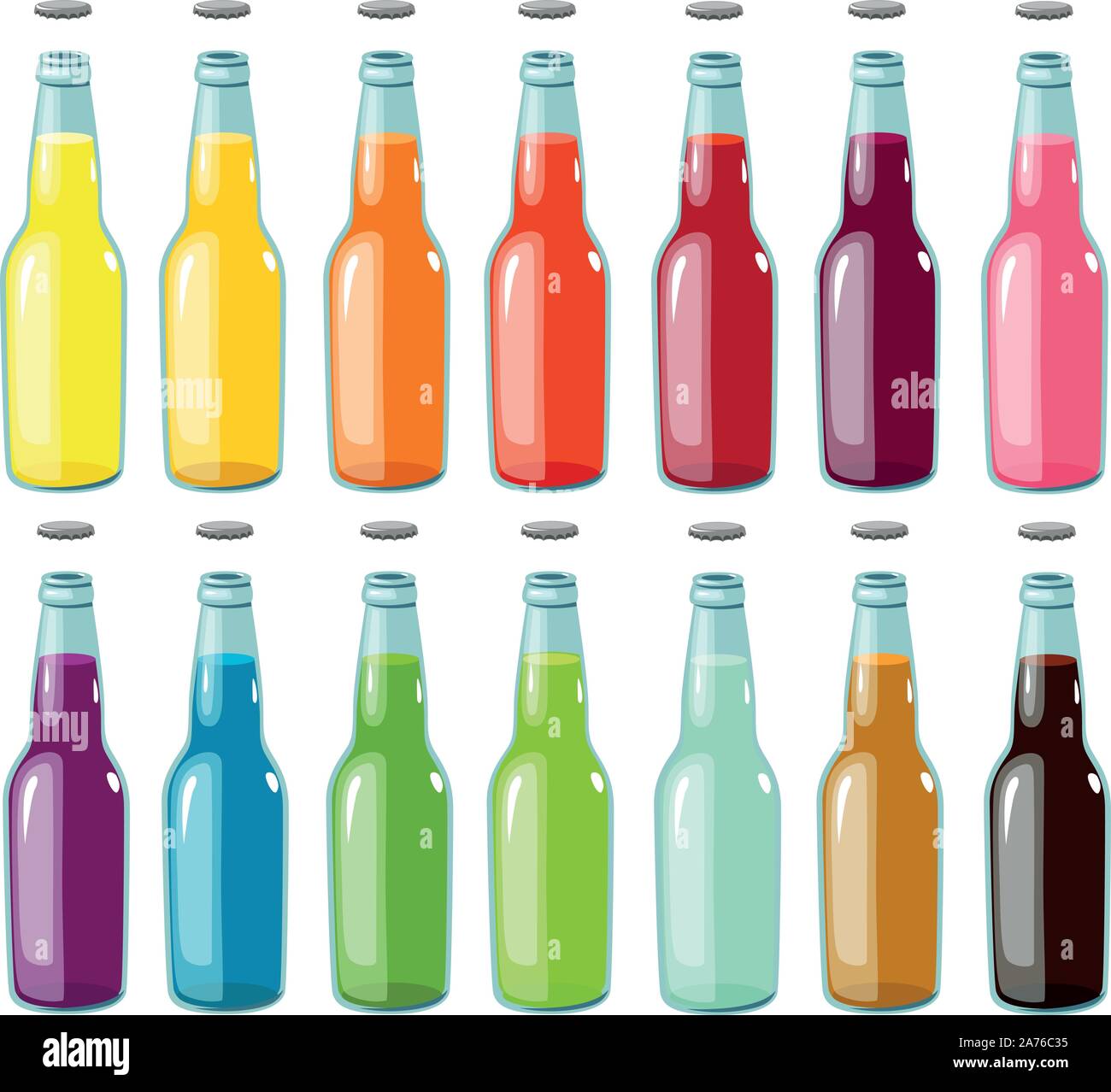 Vector illustration of various soda glass bottles with different colors and flavors Stock Vector