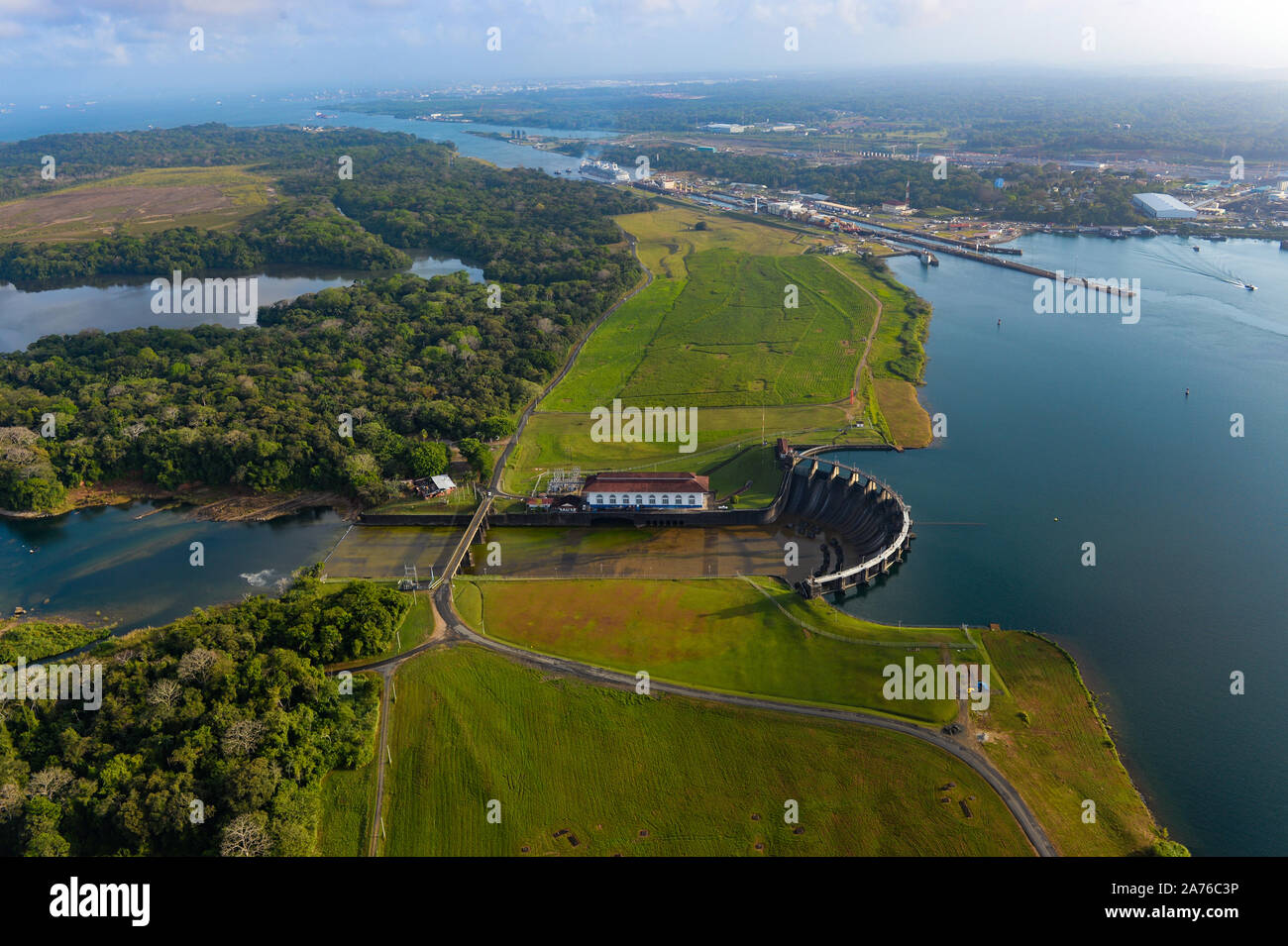 Amazing aerial view of Gatun Dam and Gatun locks in Panama Canal during a summer sunny day Stock Photo