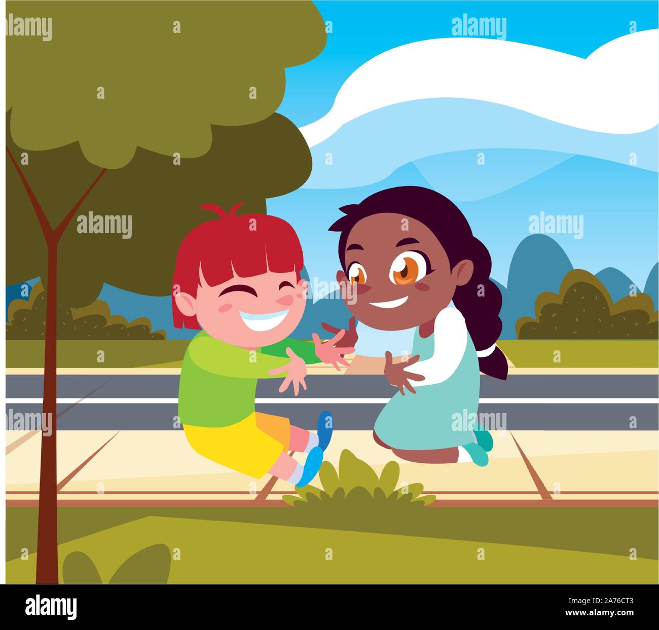 Boy and girl cartoon playing outside design, Kid childhood little