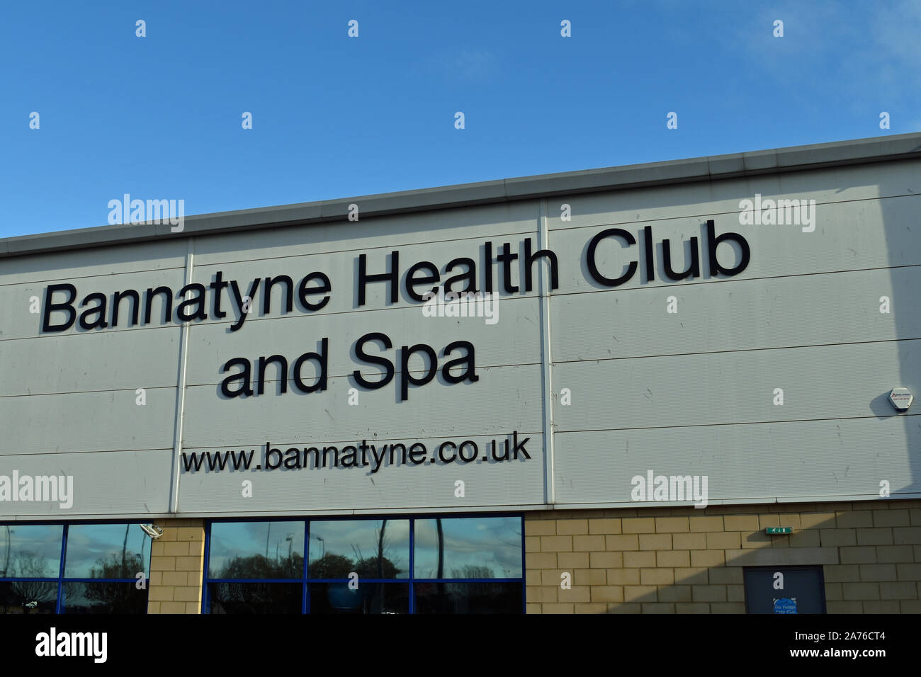 Exterior of Bannatyne Health Club in Dunfermline, Fife, Scotland with signage Stock Photo