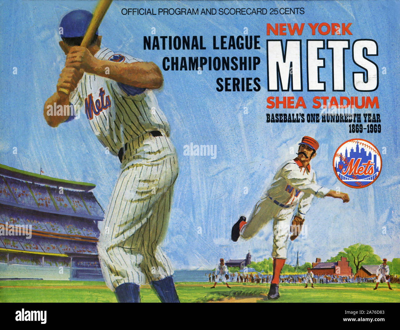 Illustrated cover image of the program for the 1969 National League Championship Series between the New York Mets and the Atlanta Braves. The Mets went on to win the World Series. Stock Photo