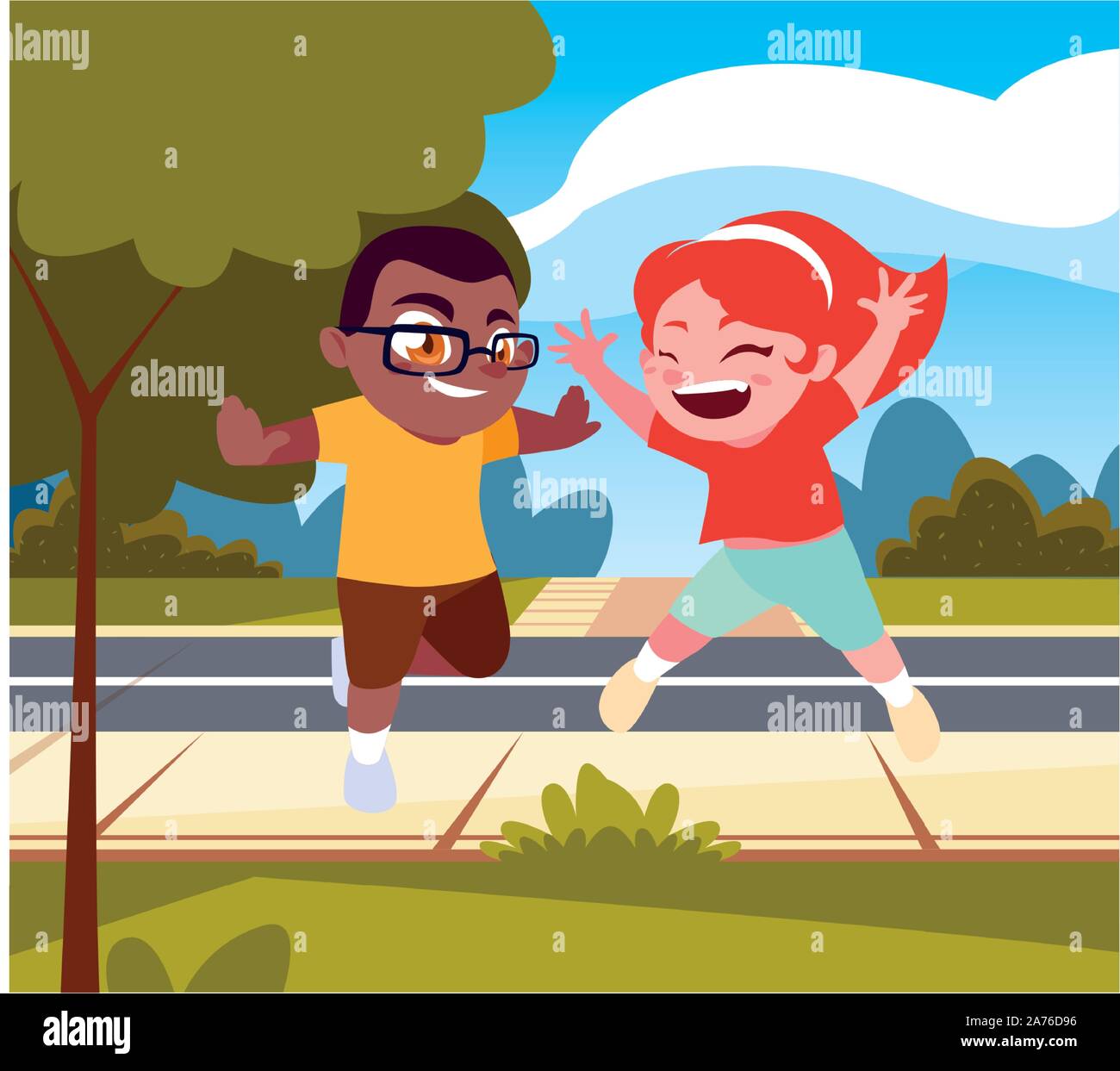 Boy and girl cartoon playing outside design, Kid childhood little