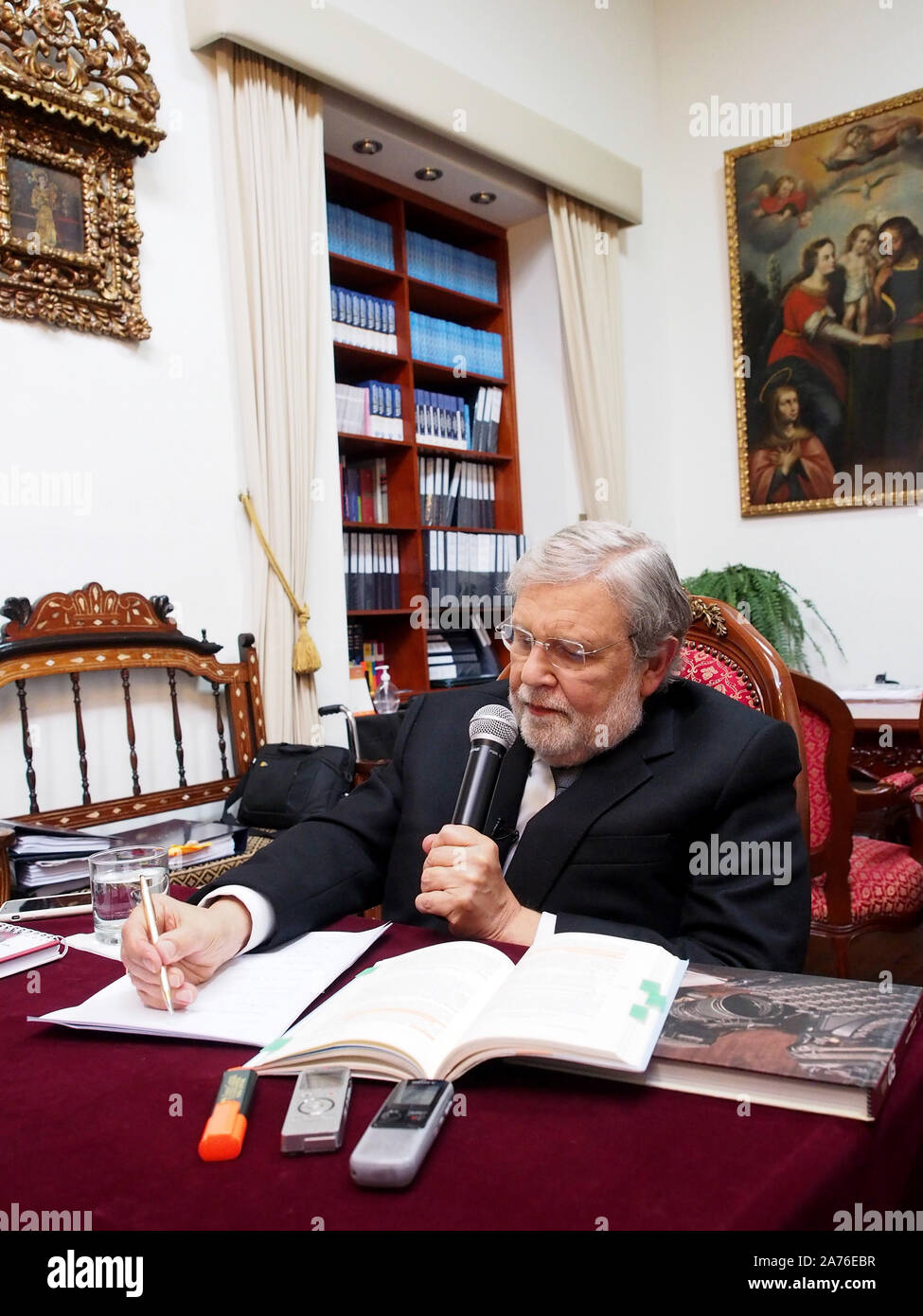 Ernesto Blume Fortini, president of the Constitutional Tribunal of Peru, gives a press conference to foreign correspondents accredited in Lima. Stock Photo