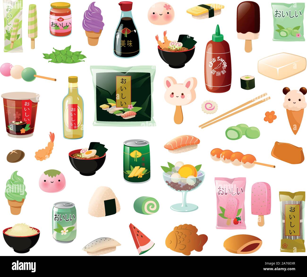 Vector illustration of various Asian Japanese food items, dishes and sweets. Stock Vector