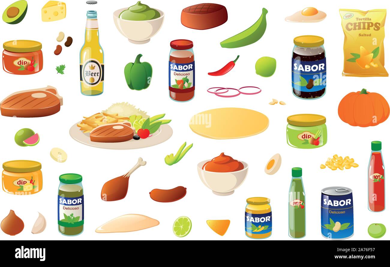 Vector illustration of various Mexican and Latin American food ingredients, snacks and dishes Stock Vector