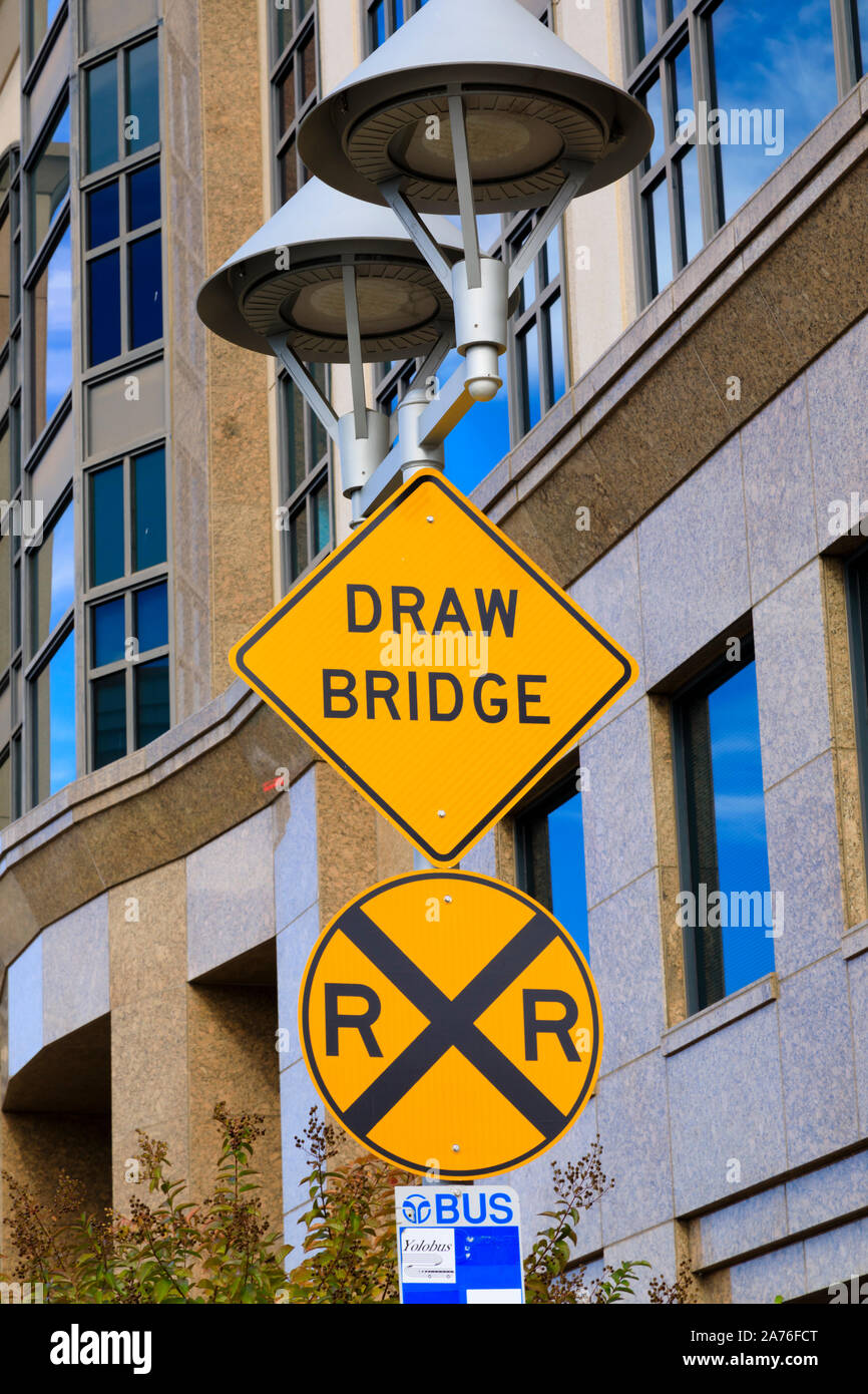 Road traffic sign warning of the draw bridge on Tower Bridge, Sacramento, State capital of California, United States of America. Stock Photo