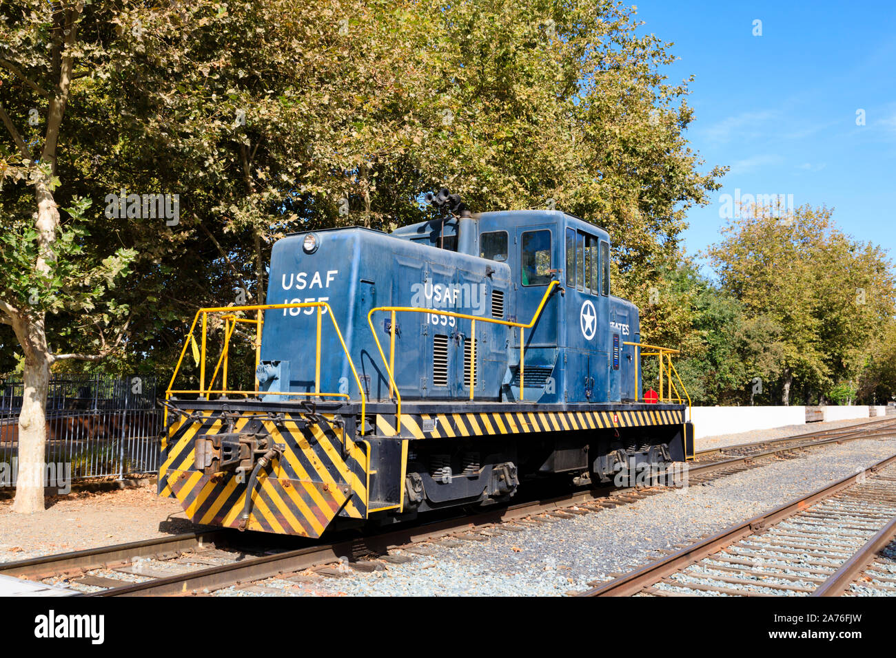 Utility locomotive ex USAF 1655 at the California state Railroad Museum, Sacramento, State capital of California, United States of America. Stock Photo