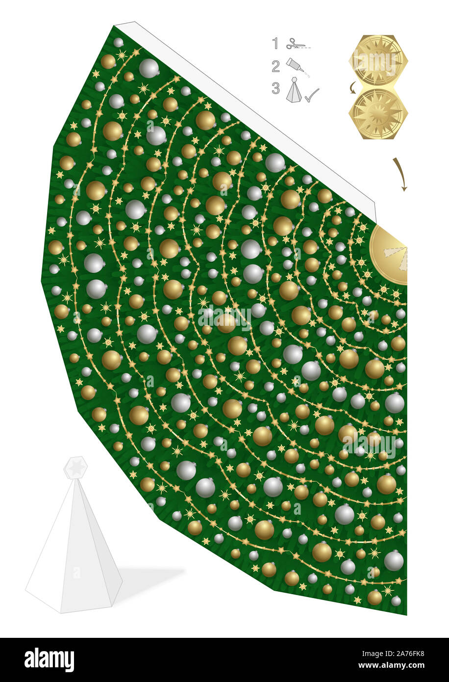 Christmas tree template. Easy 3D paper model to cut out, fold and glue. Creative fun. Decorated tree with golden and silver christmas balls. Stock Photo